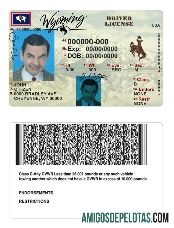 Carta de condução do estado de Wyoming nos EUA modelo